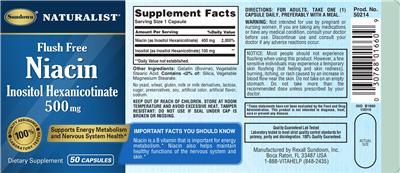 Photo of the Sundown Naturalist Flush Free Niacin Inositol Hexanicotinate 500 mg label