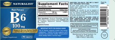 Photo of the Sundown Naturalist High Potency B6 100 mg label