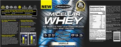 Photo of the MuscleTech Performance Series Micellar Whey Vanilla label