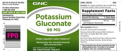Photo of the GNC Potassium Gluconate 99 mg label