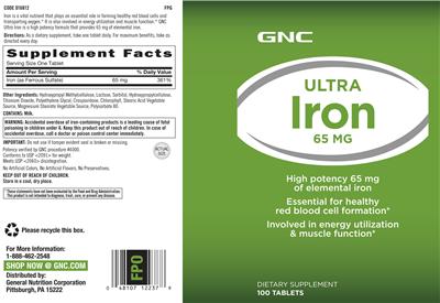 Photo of the GNC Ultra Iron 65 mg label