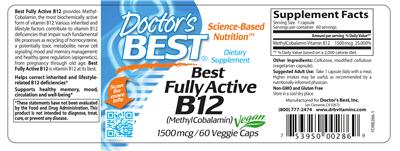 Photo of the Doctor's Best Best Fully Active B12 (MethylCobalamin) 1500 mcg label