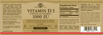 Photo of the Solgar Vitamin D3 1000 IU label