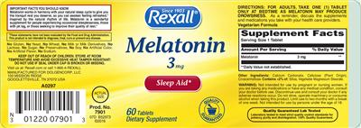 Photo of the Rexall Melatonin 3 mg label