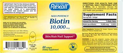 Photo of the Rexall Max Potency Biotin 10,000 mcg label