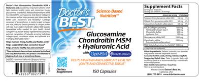 Photo of the Doctor's Best Glucosamine Chondroitin MSM + Hyaluronic Acid label