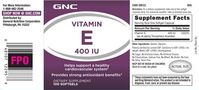 Photo of the GNC Vitamin E 400 IU label