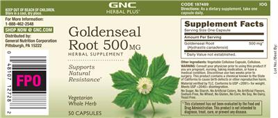 Photo of the GNC Herbal Plus Goldenseal Root 500 mg label