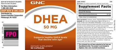 Photo of the GNC DHEA 50 mg label