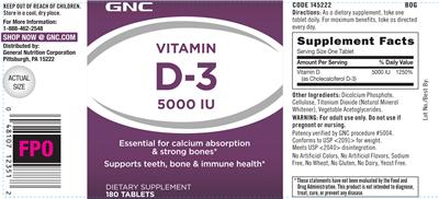 Photo of the GNC Vitamin D-3 5000 IU label
