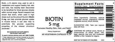 Photo of the VitaCeutical Labs Biotin 5 mg label