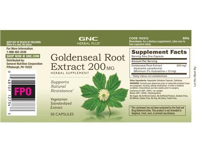 Photo of the GNC Herbal Plus Goldenseal Root Extract 200 mg label