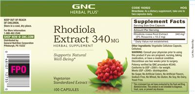 Photo of the GNC Herbal Plus Rhodiola Extract 340 mg label