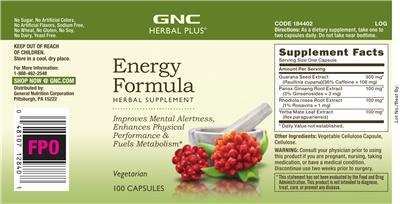 Photo of the GNC Herbal Plus Energy Formula label