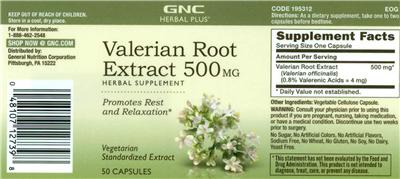 Photo of the GNC Herbal Plus Valerian Root Extract 500 mg label