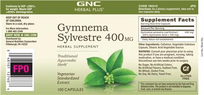 Photo of the GNC Herbal Plus Gymnema Sylvestre 400 mg label