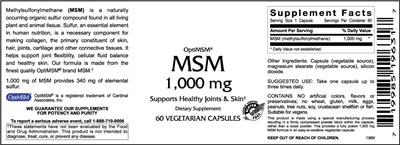 Photo of the VitaCeutical Labs MSM 1,000 mg label