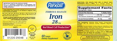 Photo of the Rexall Ferrous Sulfate Iron 28 mg label