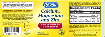 Photo of the Rexall Calcium, Magnesium and Zinc label