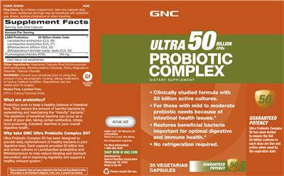 Photo of the GNC Ultra Probiotic Complex 50 Billion CFUs label