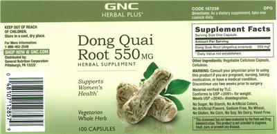 Photo of the GNC Herbal Plus Dong Quai Root 550 mg label
