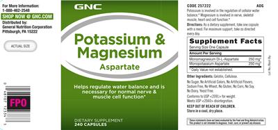 Photo of the GNC Potassium & Magnesium Aspartate label