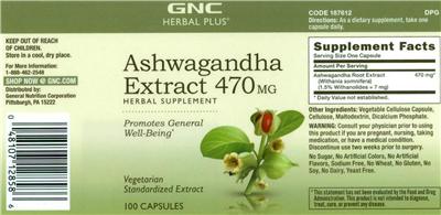 Photo of the GNC Herbal Plus Ashwagandha Extract 470 mg label