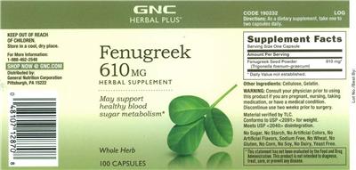 Photo of the GNC Herbal Plus Fenugreek 610 mg label