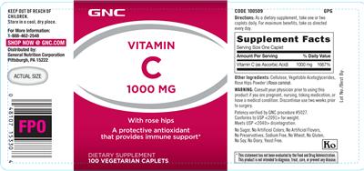 Photo of the GNC Vitamin C 1000 mg With Rose Hips label