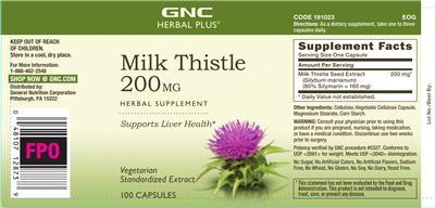 Photo of the GNC Herbal Plus Milk Thistle 200 mg label
