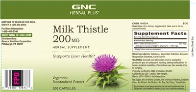 Photo of the GNC Herbal Plus Milk Thistle 200 mg label