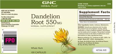 Photo of the GNC Herbal Plus Dandelion Root 550 mg label
