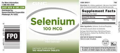 Photo of the GNC Selenium 100 mcg label