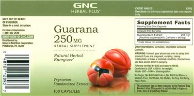 Photo of the GNC Herbal Plus Guarana 250 mg label