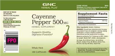 Photo of the GNC Herbal Plus Cayenne Pepper 500 mg label