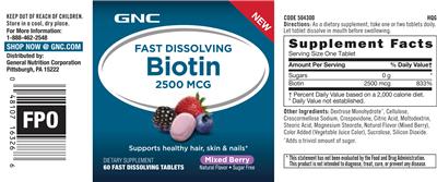 Photo of the GNC Fast Dissolving Biotin 2500 mcg Mixed Berry label