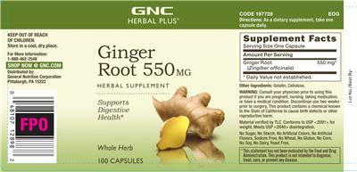 Photo of the GNC Herbal Plus Ginger Root 550 mg label