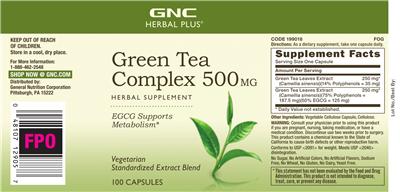 Photo of the GNC Herbal Plus Green Tea Complex 500 mg label