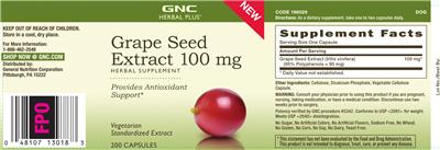Photo of the GNC Herbal Plus Grape Seed Extract 100 mg label