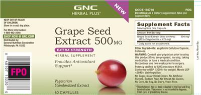 Photo of the GNC Herbal Plus Grape Seed Extract 500 mg label