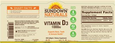 Photo of the Sundown Naturals Vitamin D3 1000 IU label
