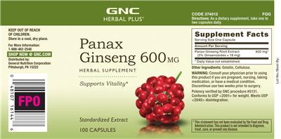 Photo of the GNC Herbal Plus Panax Gisneng 600 mg label