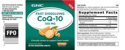 Photo of the GNC Fast Dissolving CoQ-10 100 mg Orange label