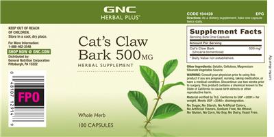 Photo of the GNC Herbal Plus Cat's Claw Bark 500 mg label