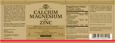 Photo of the Solgar Calcium Magnesium plus Zinc label