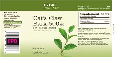 Photo of the GNC Herbal Plus Cat's Claw Bark 500 mg label