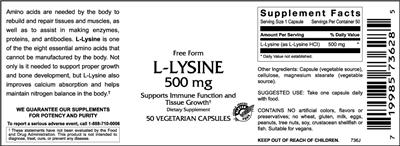 Photo of the VitaCeutical Labs L-Lysine 500 mg label