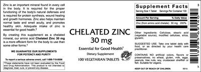 Photo of the VitaCeutical Labs Chelated Zinc 30 mg label