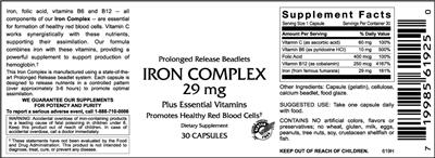 Photo of the VitaCeutical Labs Iron Complex 29 mg label