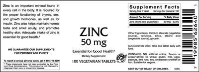 Photo of the VitaCeutical Labs Zinc 50 mg label